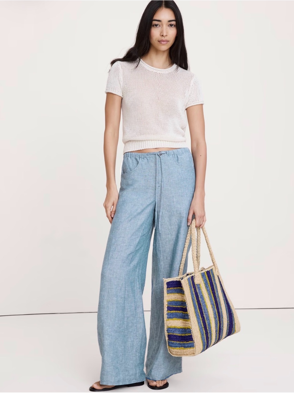 Banana Republic Studio Wide Leg Linen Drawstring Pants Blue XXS Petite